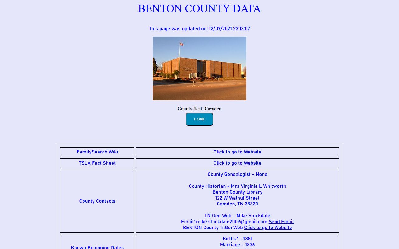 Benton County obituary records on the Tennessee Genealogical Society county page