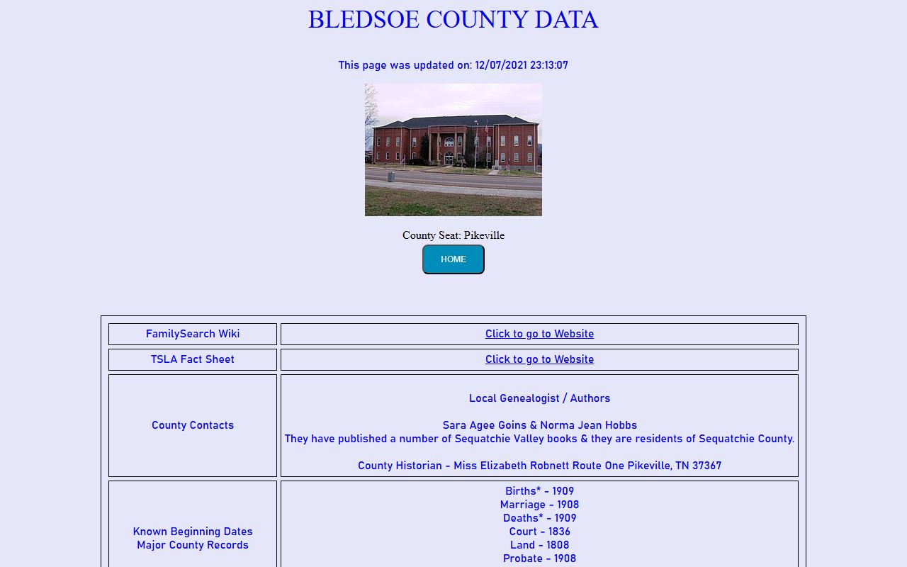 Bledsoe County obituary records on the Tennessee Genealogical Society county page