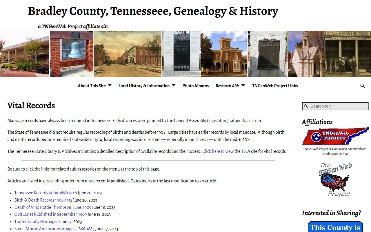 Bradley County obituary records image from the vital records page