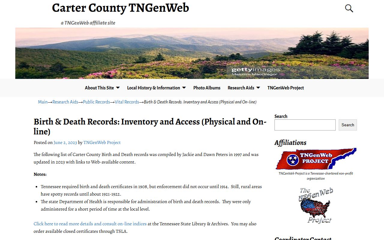 Carter County obituary records birth and death inventory page