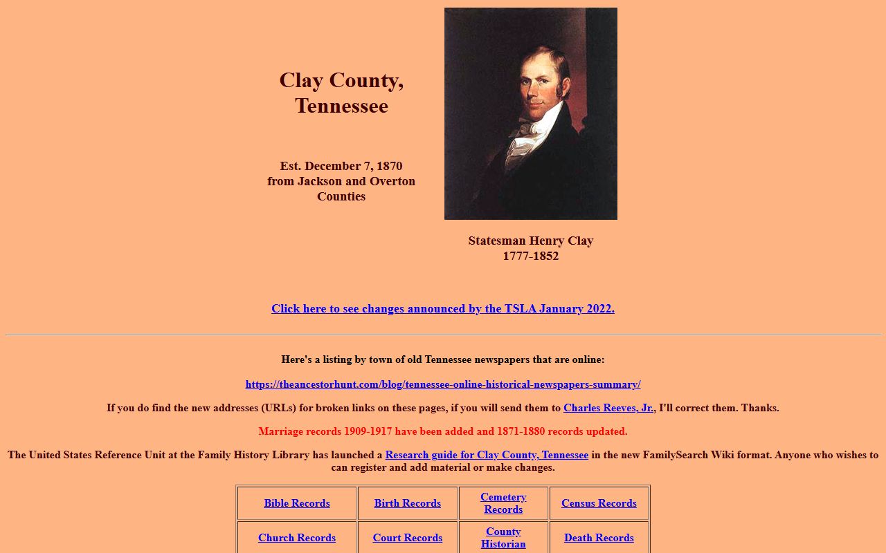 Clay County obituary records at Clay County TNGenWeb