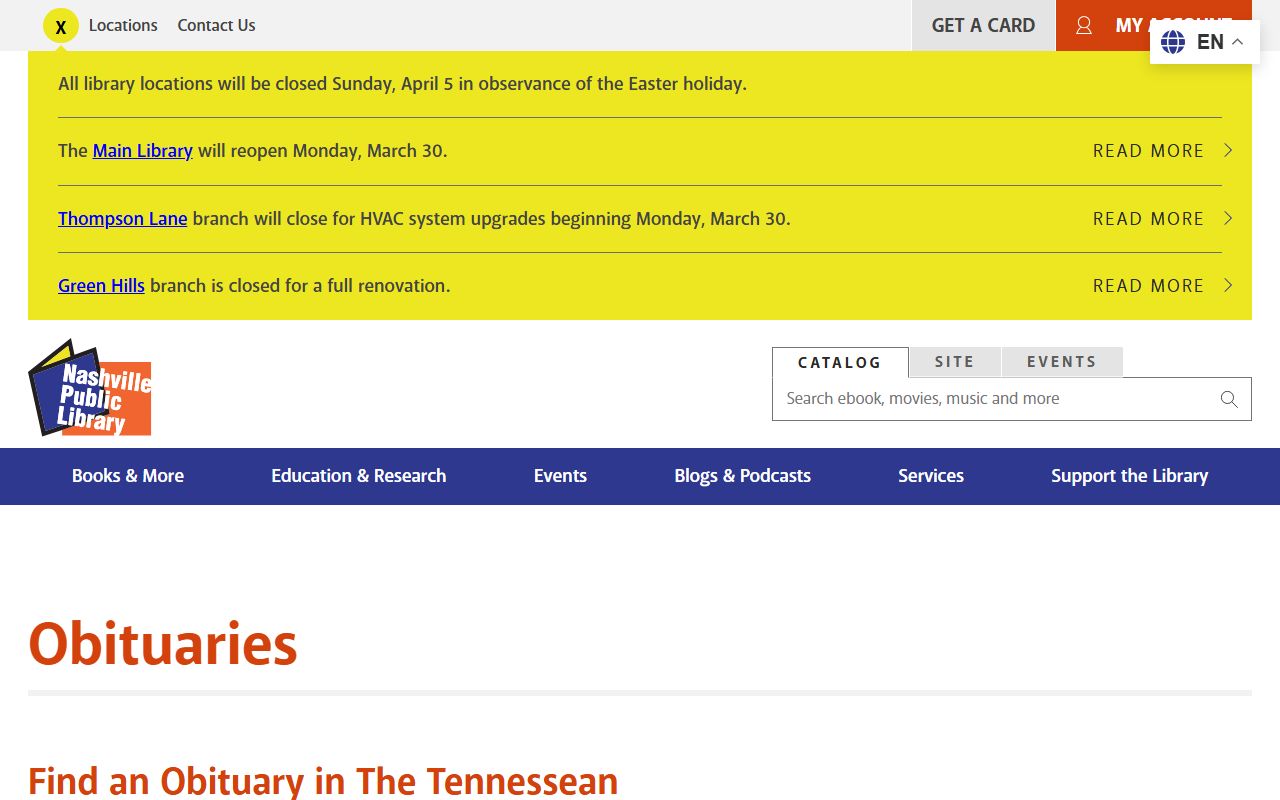 Davidson County Nashville library obituary records