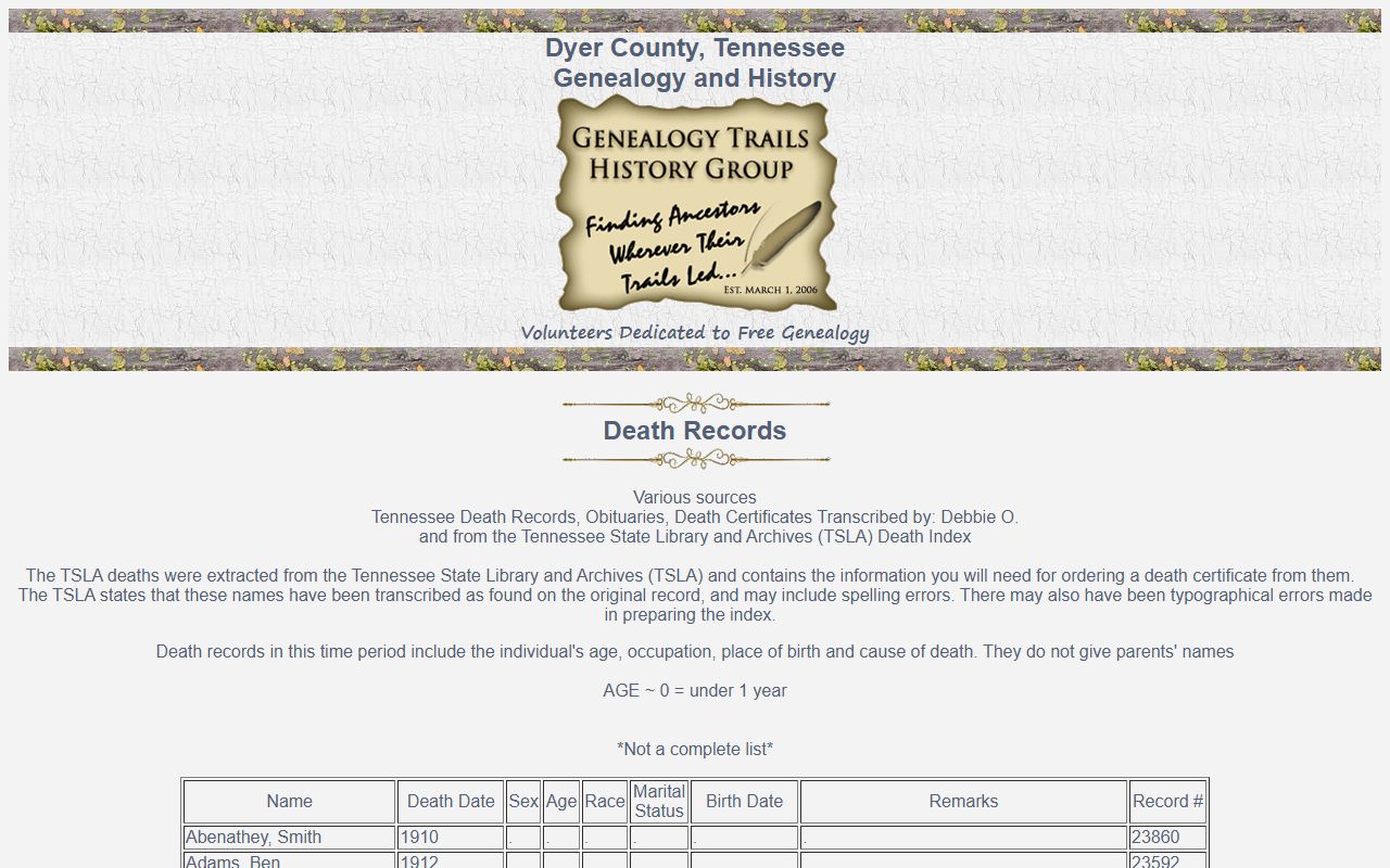 Dyer County obituary records on the Dyer County death records page