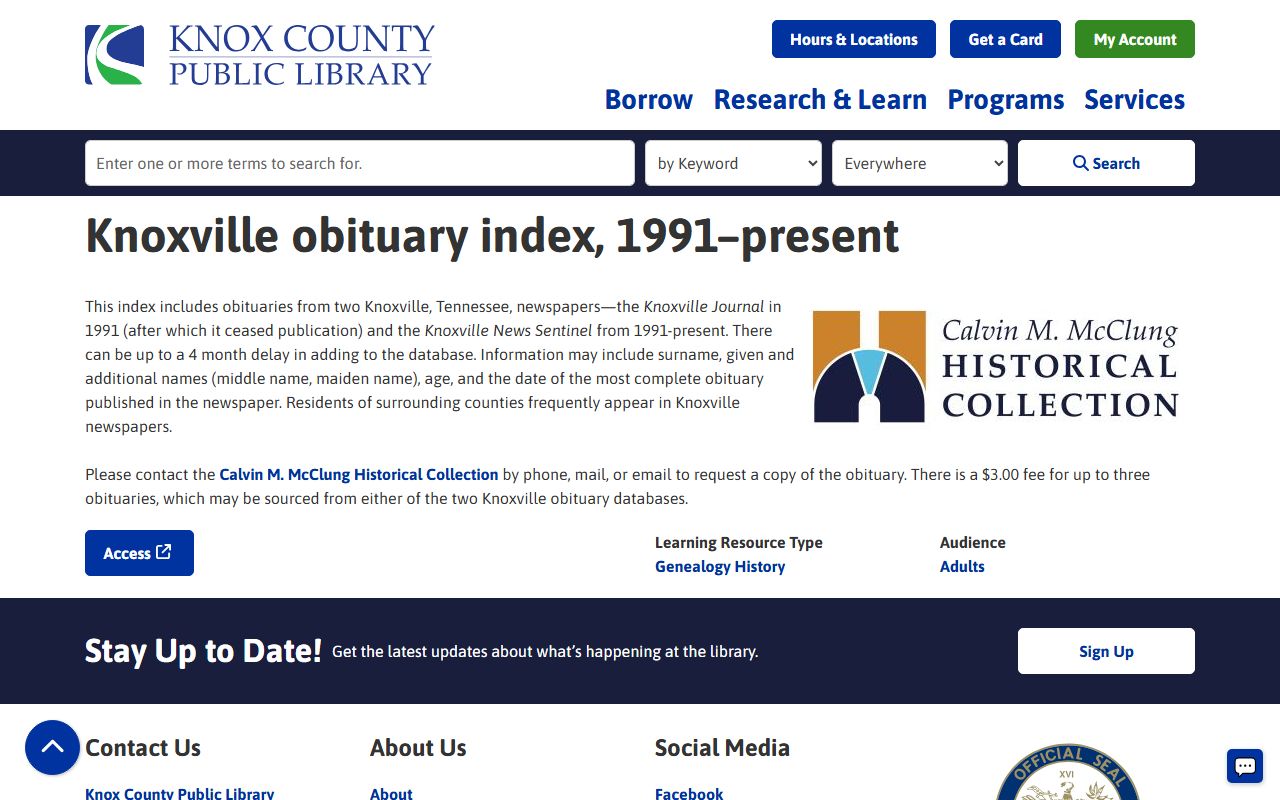 Knox County obituary records from the Knoxville obituary index