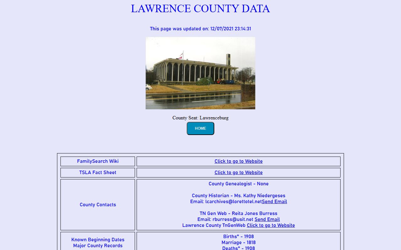 Lawrence County obituary records image from the Tennessee Genealogical Society county page