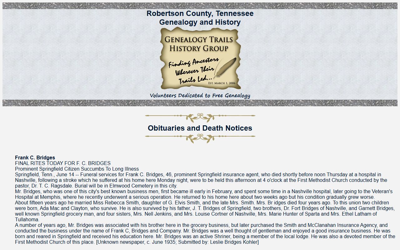 Robertson County obituary records from the transcribed obituary page