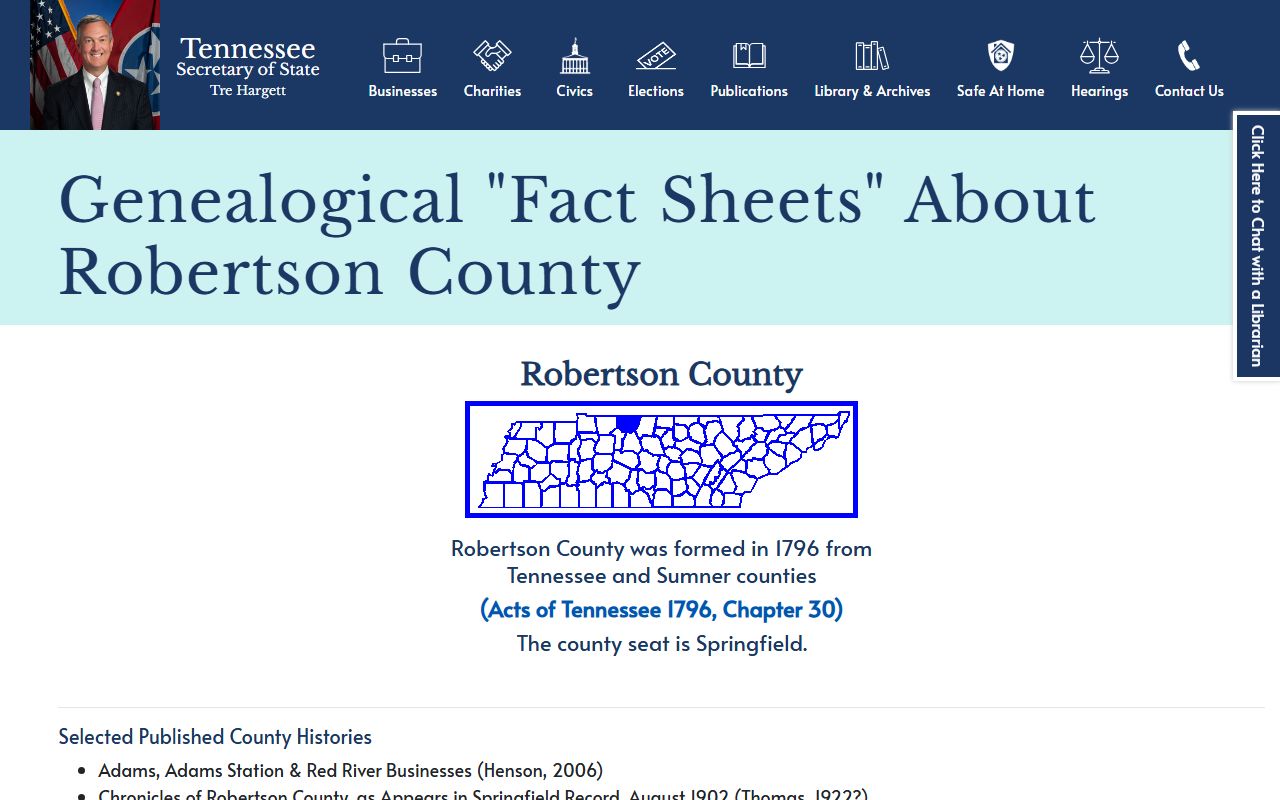 Robertson County obituary records in the TSLA county fact sheet