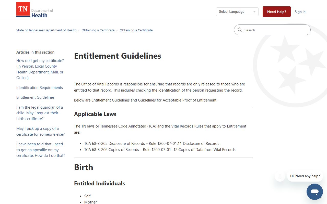 Tennessee obituary and death record entitlement guidelines