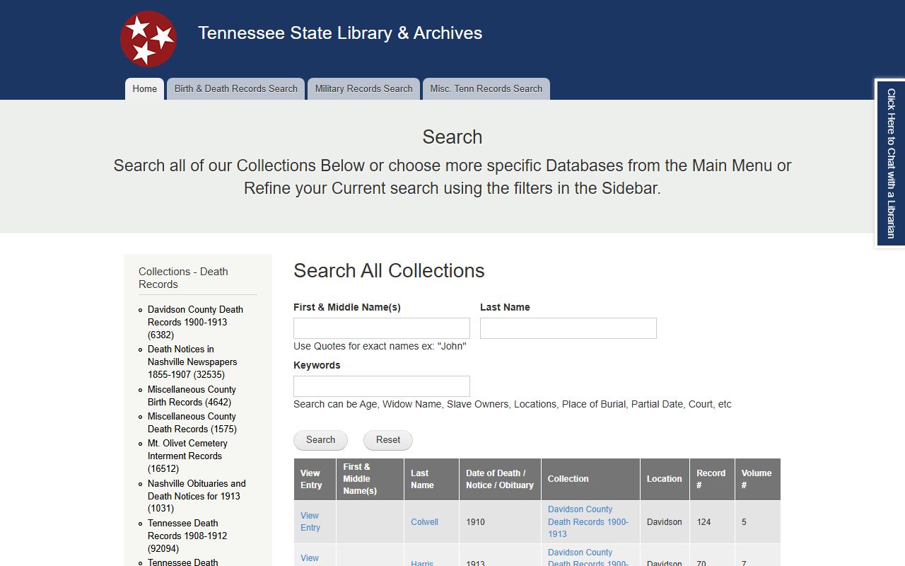 Tennessee obituary search portal at the TSLA genealogy index search